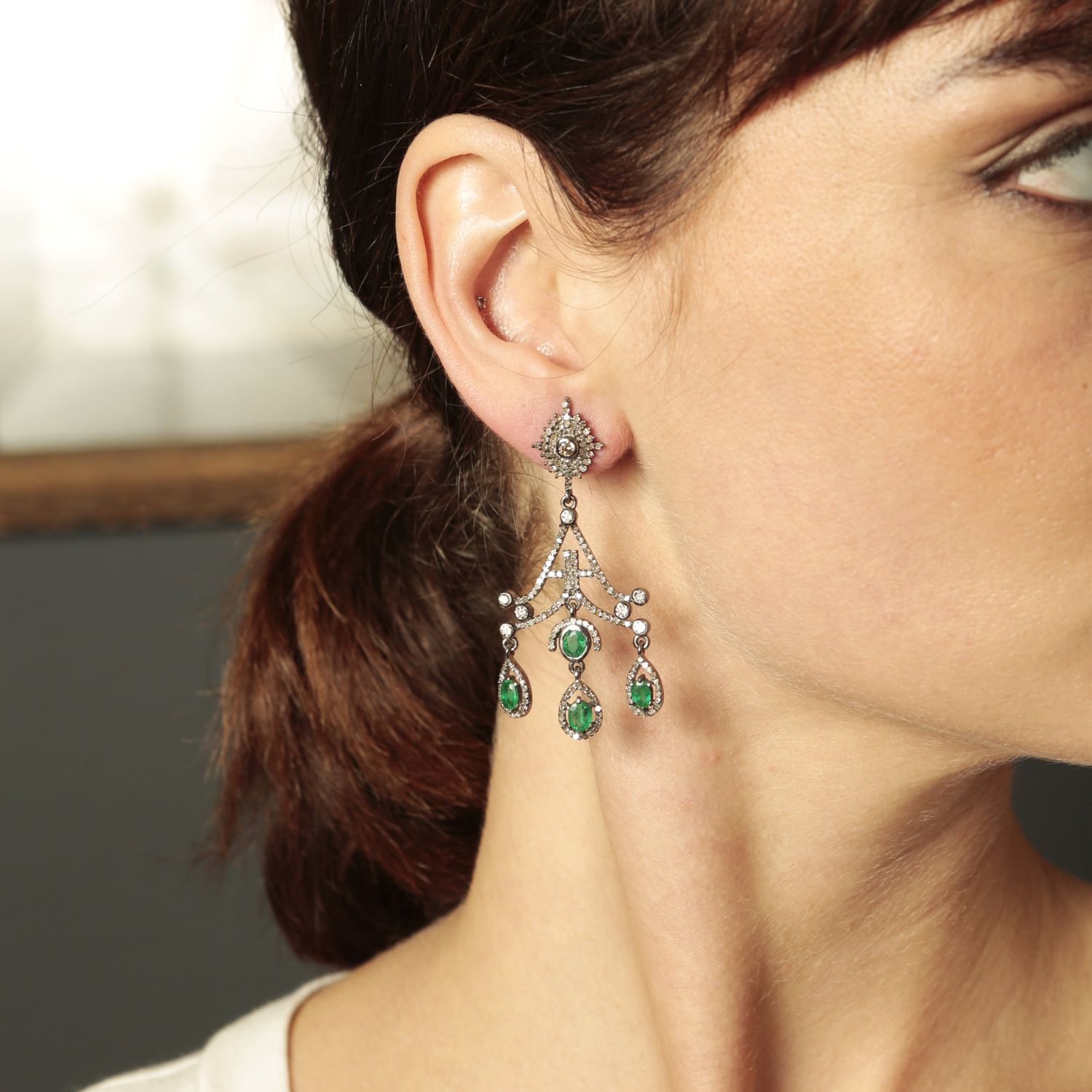 Art Deco Emerald and Diamond Chandelier Earrings - Image 2