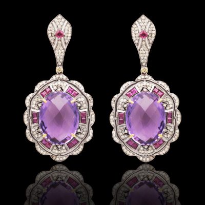 Art Deco Diamond, Amethyst and Pink Turmoline (Rubelite) Vintage Inspired Earrings