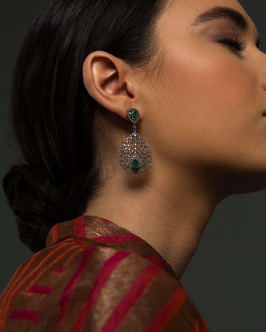 Peacock Fan Emerald and Diamond Earrings - Image 3