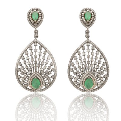 Peacock Fan Emerald and Diamond Earrings