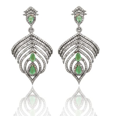 Peacock Feather Emerald and Diamond Drop Earrings