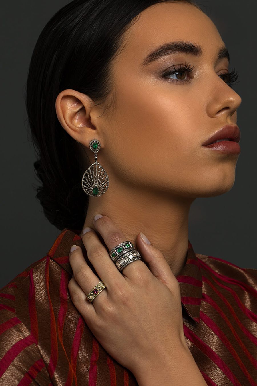 Peacock Fan Emerald and Diamond Earrings - Image 2