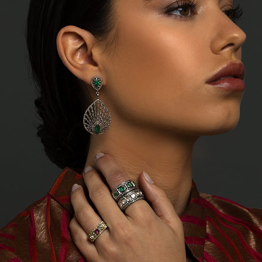 Peacock Fan Emerald and Diamond Earrings