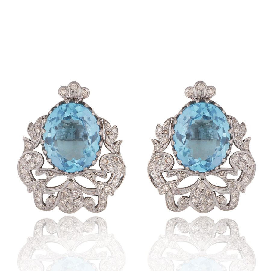 Art Deco Vintage Inspired Ornate Stud Earrings with Blue Topaz and Diamonds