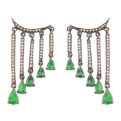 Crescent Moon Diamond & Emerald Fluid Drop Earrings