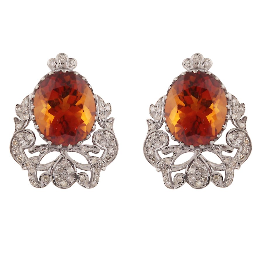 1930’s Inspired Art Deco Stud Earrings with Citrine and Diamonds