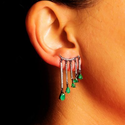 Crescent Moon Diamond & Emerald Fluid Drop Earrings