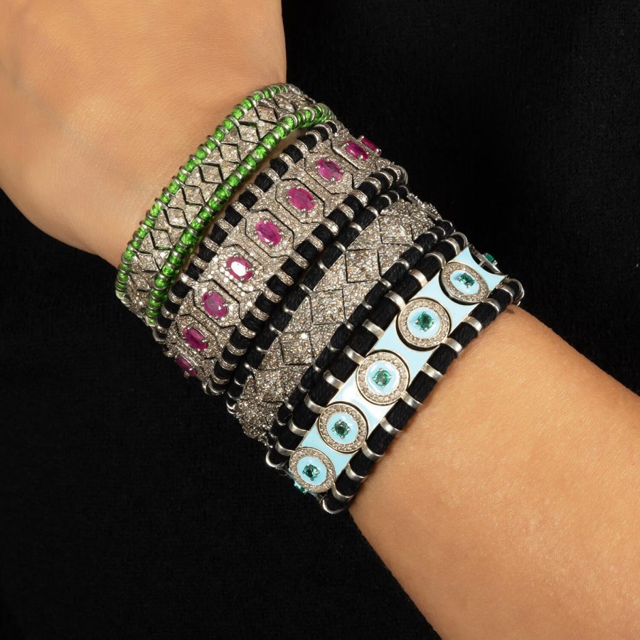 9th Century Inspired Diamond Bracelet on Cotton & Silver