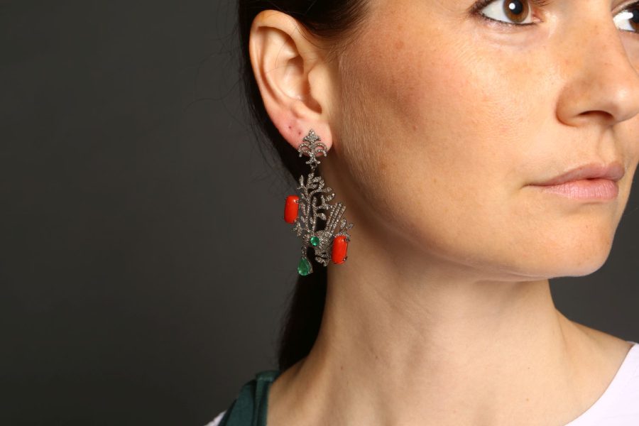 Bird Diamond, Emerald & Coral Drop Earrings - Image 5