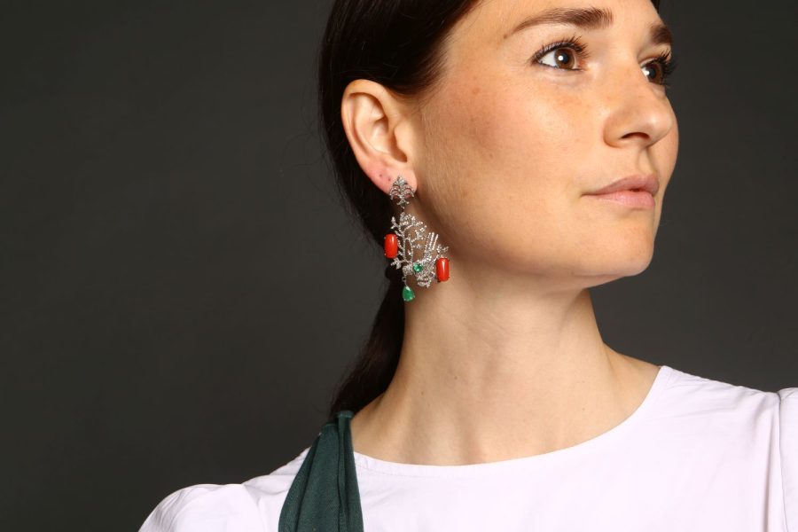 Bird Diamond, Emerald & Coral Drop Earrings - Image 4