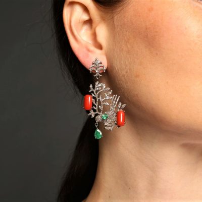 Bird Diamond, Emerald & Coral Drop Earrings