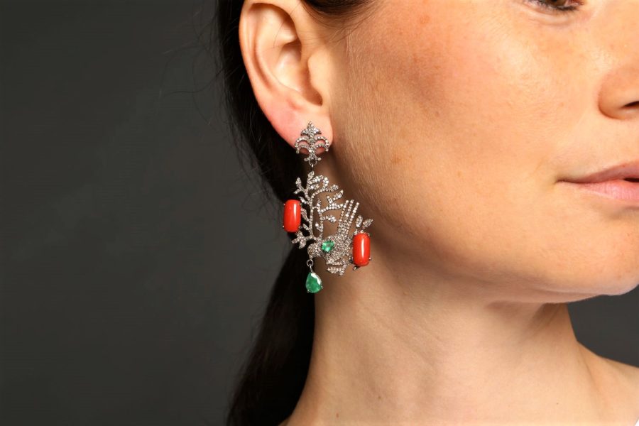 Bird Diamond, Emerald & Coral Drop Earrings