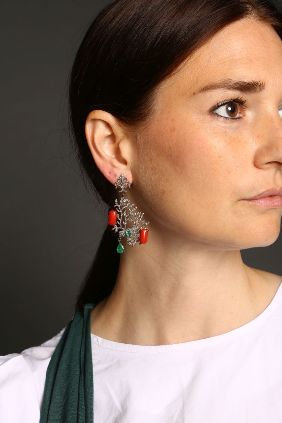 Bird Diamond, Emerald & Coral Drop Earrings - Image 3