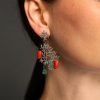 Bird Diamond, Emerald & Coral Drop Earrings - Image 2