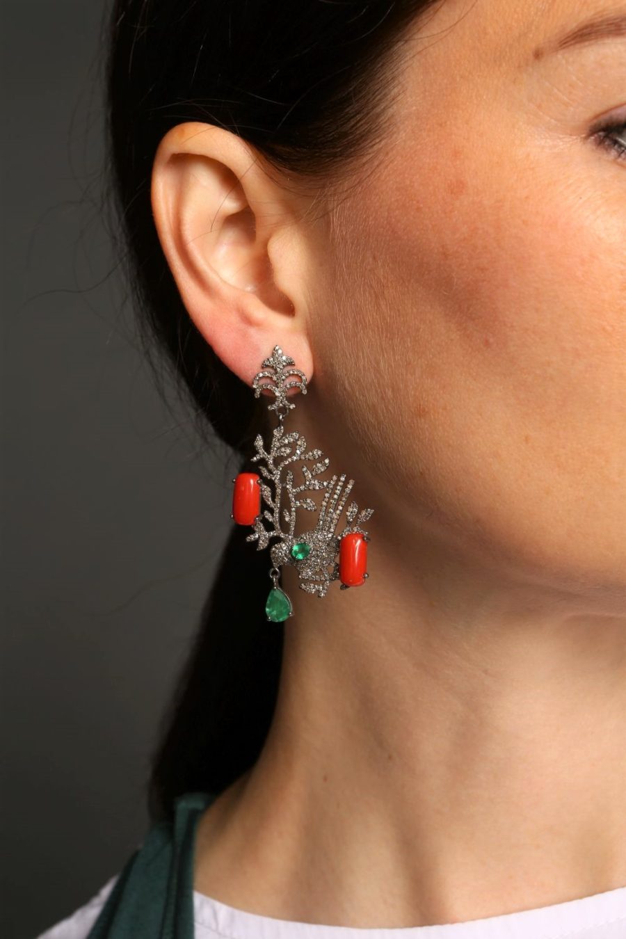 Bird Diamond, Emerald & Coral Drop Earrings - Image 2