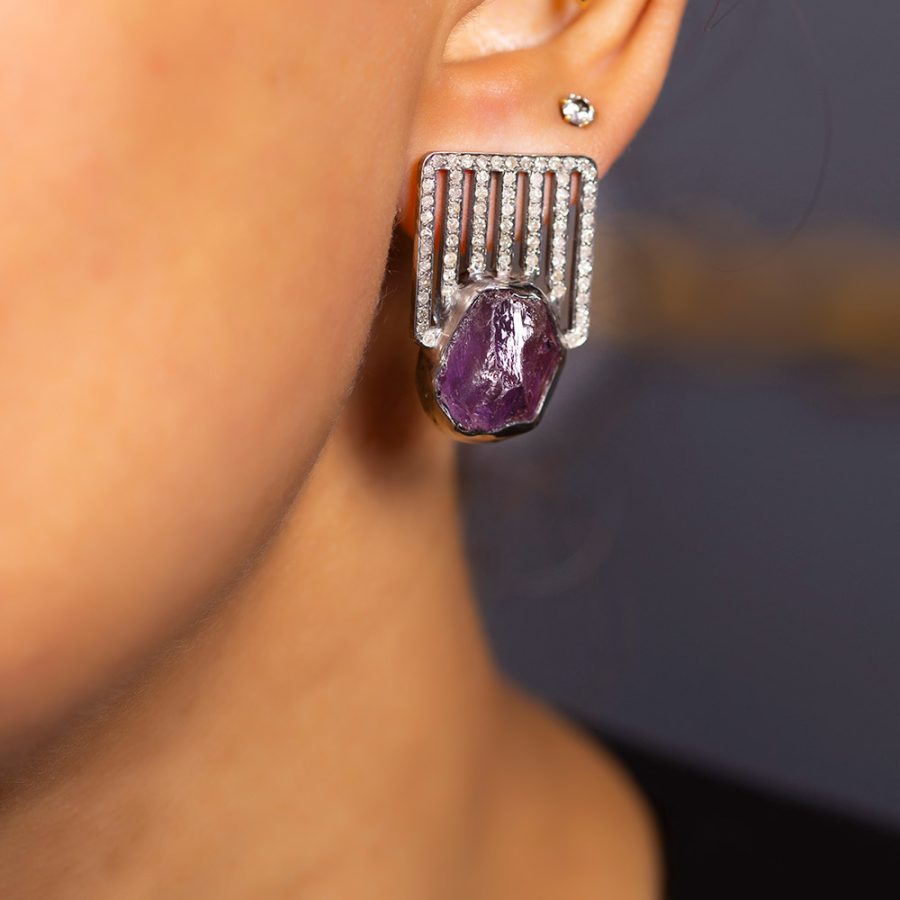 Diamond Grids & Rough Cut Purple Amethyst Earrings