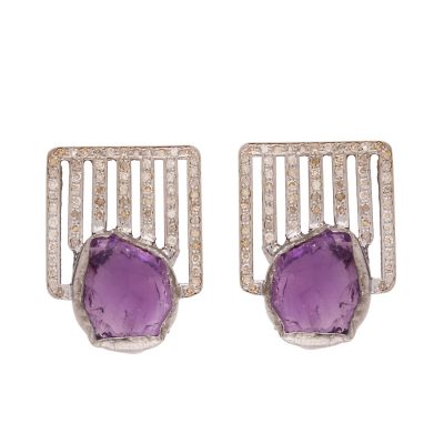 Diamond Grids & Rough Cut Purple Amethyst Earrings