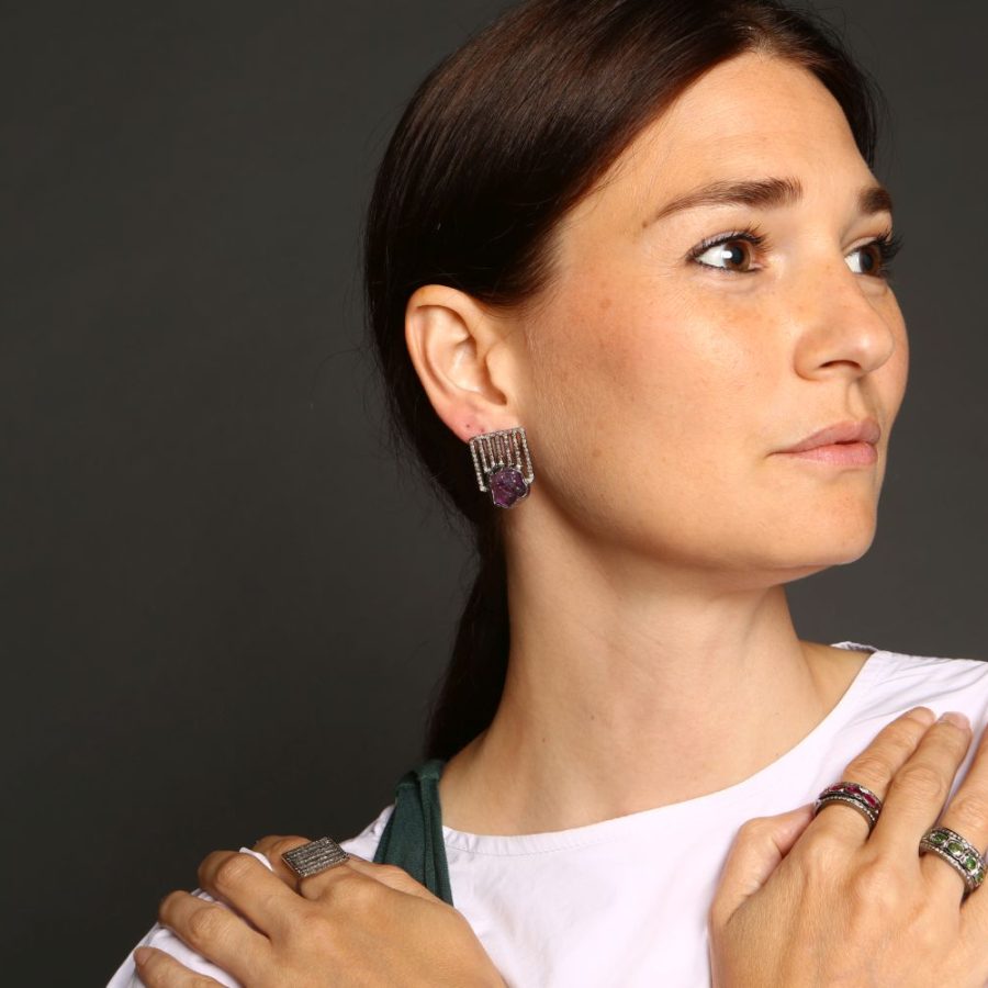 Diamond Grids & Rough Cut Purple Amethyst Earrings
