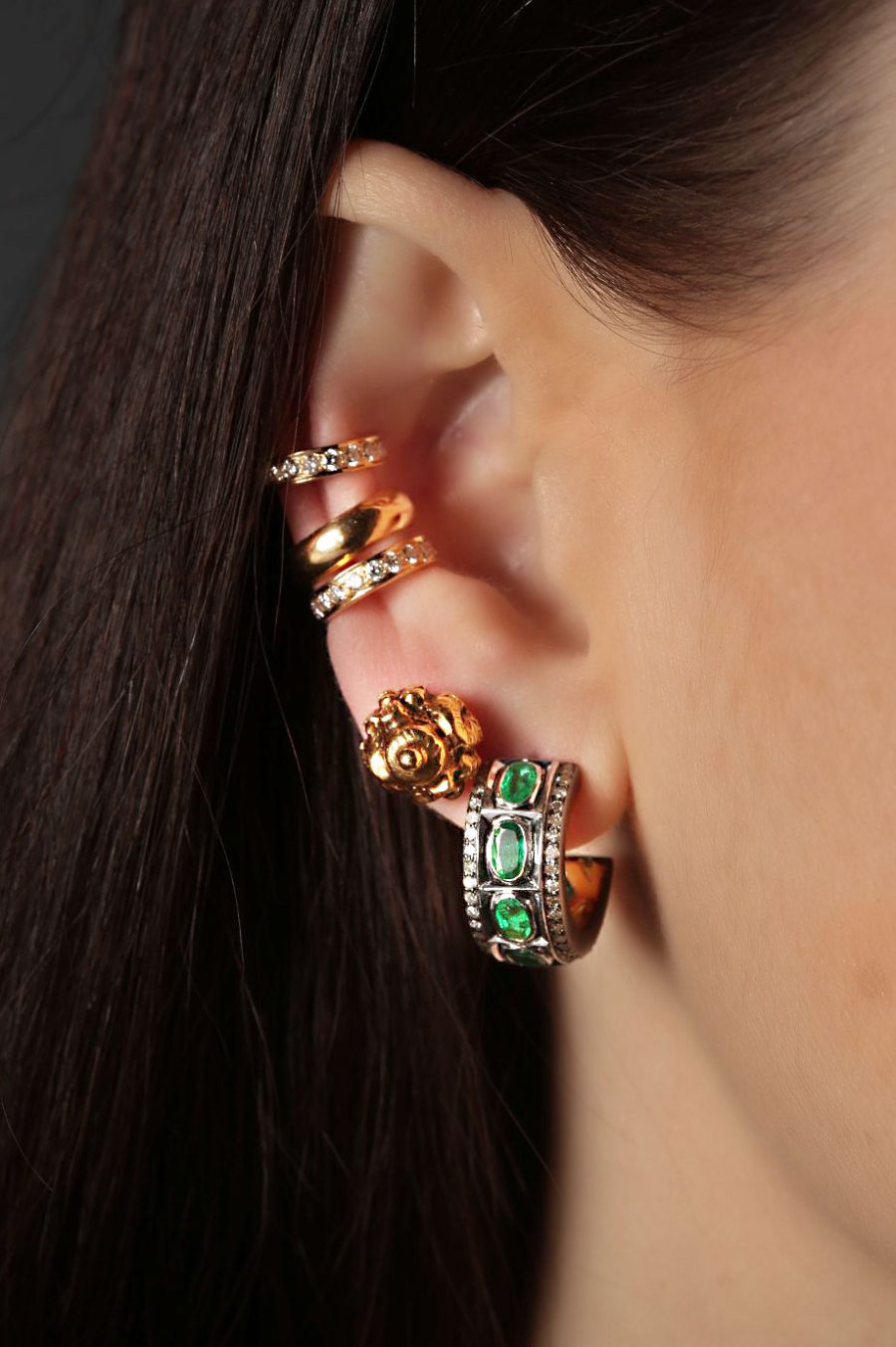 Simple & Classic Natural Emerald & Diamond Hoop Earring