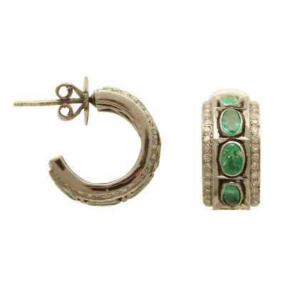 Simple & Classic Natural Emerald & Diamond Hoop Earring