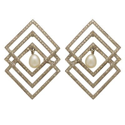 Geometric Grid Diamond & Pearl Earrings