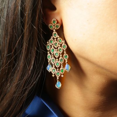 Emerald, Diamond & Opal Cocktail Earrings