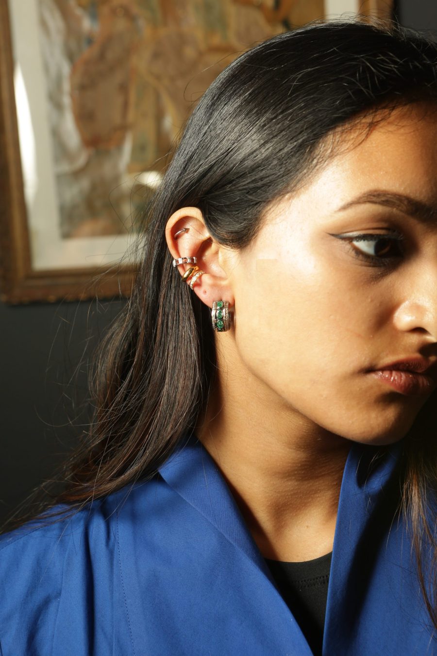 Simple & Classic Natural Emerald & Diamond Hoop Earring - Image 2
