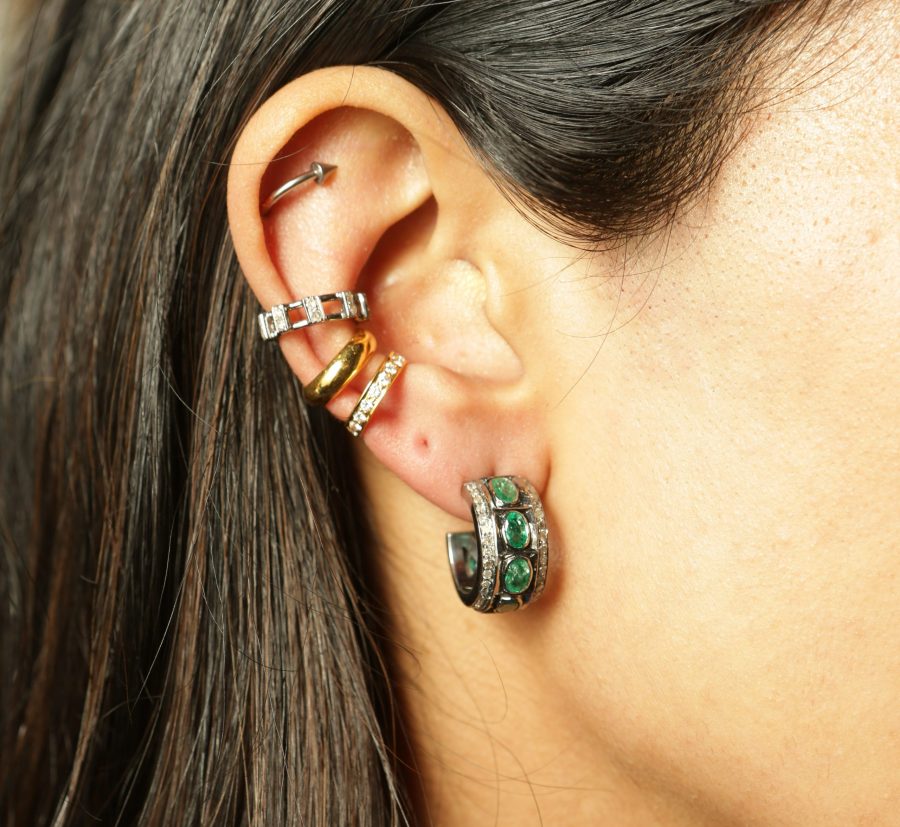 Simple & Classic Natural Emerald & Diamond Hoop Earring - Image 3