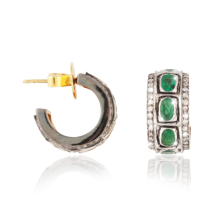 Simple & Classic Natural Emerald & Diamond Hoop Earring - Image 5