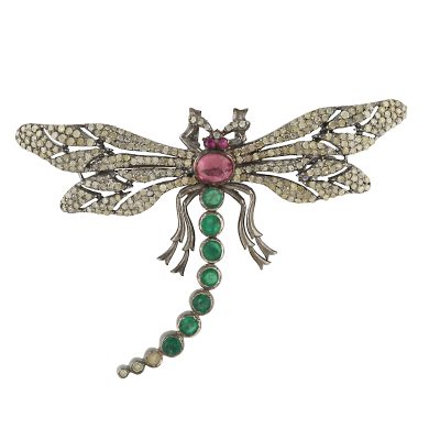 Victorian Inspired Dragonfly Brooch/Pendant with Diamond, Emerald & Tourmaline