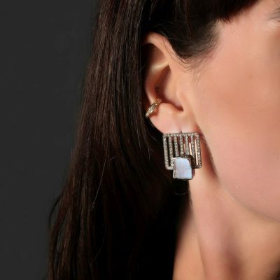 Grid Diamond & Moonstone Geometric Earrings