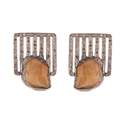 Grid Diamond & Citrine Geometric Earrings