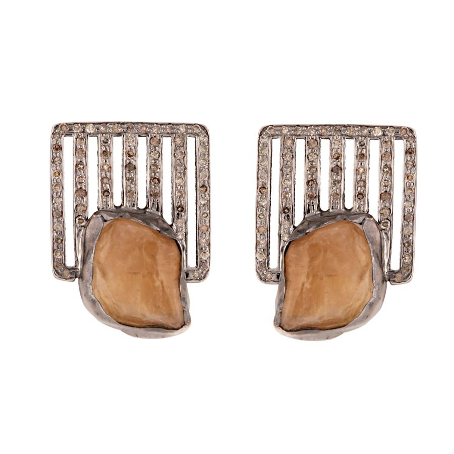 Grid Diamond & Rough Cut Citrine Geometric Earrings