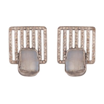 Grid Diamond & Moonstone Geometric Earrings