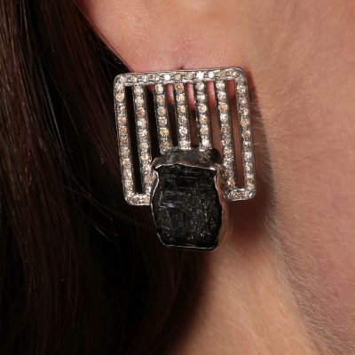 Grid Diamond & Black Tourmaline Geometric Earrings
