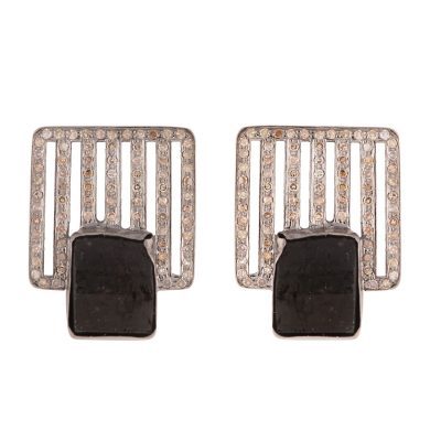 Grid Diamond & Black Tourmaline Geometric Earrings