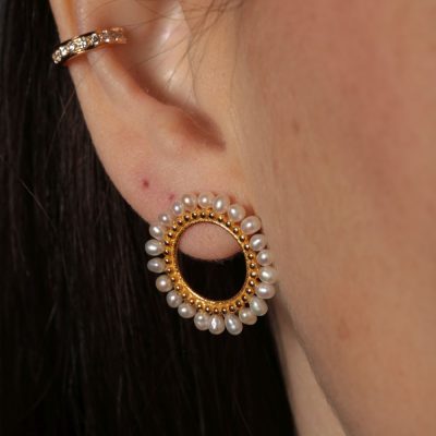Dainty Pearl & Gold Ball Mandala Earrings
