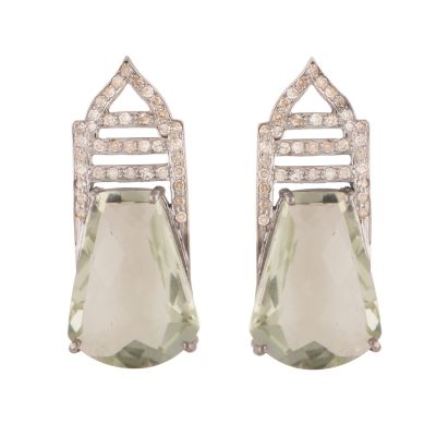 3 Tier Palace Grid Diamond & Green Amethyst Earrings