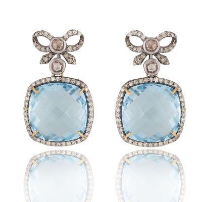 Art Deco Bow Earrings with Blue Topaz and Diamonds