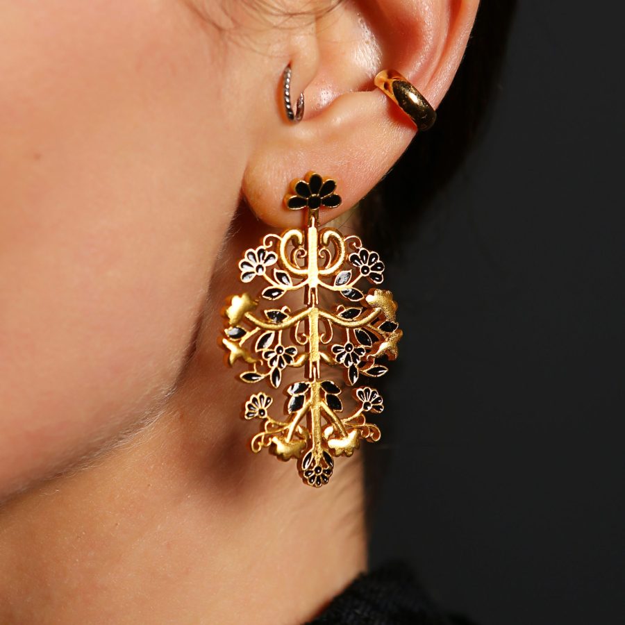 15th Century Inspired Mughal Mural Motif Earrings (Enamel & Vermeil)