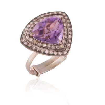 Adjustable Geometric Purple Amethyst & Diamond Ring