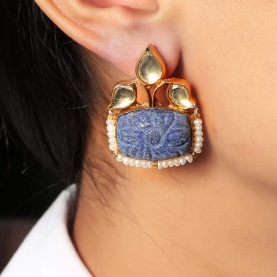 Heritage Carved Blue Lapis, Crystal & Pearl Earrings