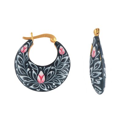 Lotus Leaf Detail Blue, Pink & White Enamel Hoop Earrings