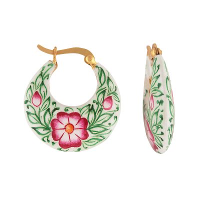 Floral & Leaf Detail Enamel Hoop Earrings in Green & Pink