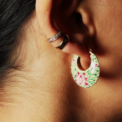 Lotus Leaf Detail Pink, Blue & White Enamel Hoop Earrings