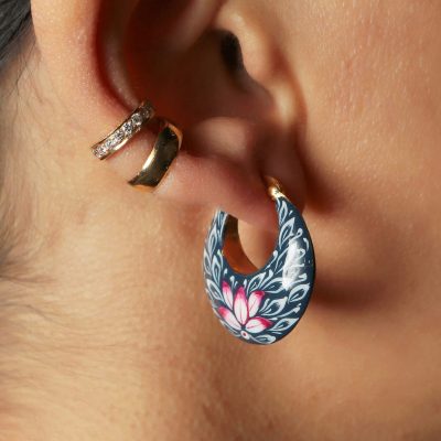 Leaf Detail Blue, White & Pink Enamel Hoop Earrings