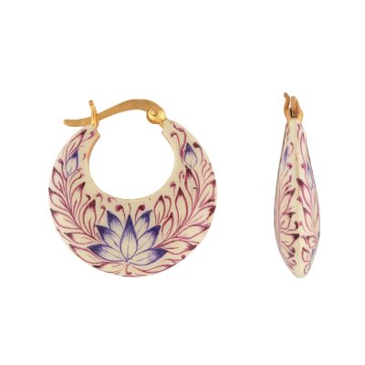 Lotus Leaf Detail Purple & White Enamel Hoop Earrings