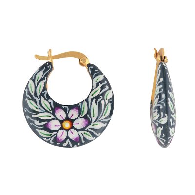 Mughal Floral & Leaf Detail Enamel Hoop Earrings Blue & White