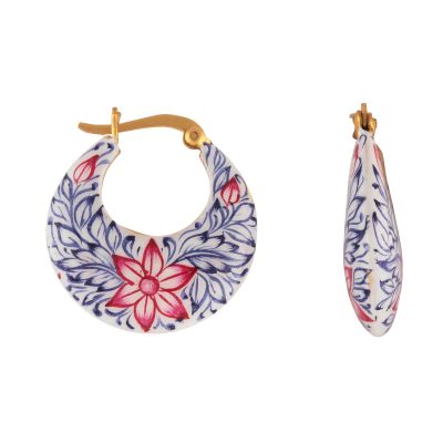 Mughal Floral & Leaf Detail Enamel Hoop Earrings Pink, Purple and White