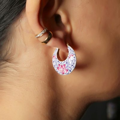 Mughal Floral & Leaf Detail Enamel Hoop Earrings Pink, Purple and White
